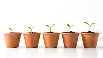 Five small seedlings growing in terracotta pots