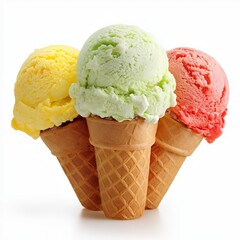 Ice cream scoops with cone isolated on white background.