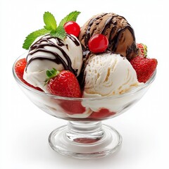 Ice cream sundae in a glass bowl, with scoops of vanilla, chocolate, and strawberry ice cream, isolated on white background.