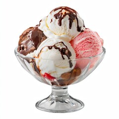 Ice cream sundae in a glass bowl, with scoops of vanilla, chocolate, and strawberry ice cream, isolated on white background.