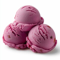 Three scoops of raspberry frozen sweet ice cream isolated on white background.