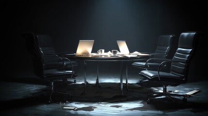 A secret meeting room for a mastermind group, with laptops on a table under a spotlight