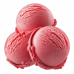 Three scoops of raspberry frozen sweet ice cream isolated on white background.
