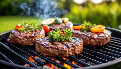 Grilled steaks on a BBQ