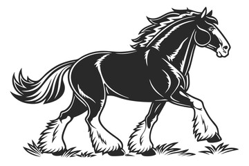 Obraz premium Elegant black clydesdale horse vector illustration running across grass in detailed silhouette