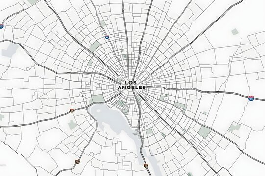 Radial map of Los Angeles, showing roads and landmarks