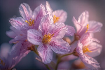 Close-up of beautiful pink flowers with yellow pistils, showcasing delicate details and soft light, ideal for backgrounds and nature-themed projects .