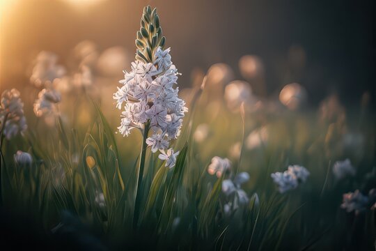 Close-up of a white hyacinth in a field with tall grass illuminated by sunlight, creating a warm, soft glow, perfect for nature or spring themes .