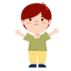 Happy Little Boy with Red Hair and Rosy Cheeks Standing with Arms Wide Open in a Welcoming Cartoon Pose.