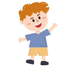 Energetic Young Boy with Wavy Red Hair Happily Waving and Smiling with Wide Open Arms in a Cheerful Cartoon Style.