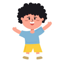 Happy Young Boy with Curly Black Hair Joyfully Cheering with Arms Raised and a Big Smile in a Cartoon Style.