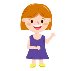 Smiling Little Girl with Short Blonde Hair Waving Hand and Laughing Happily in a Cheerful Cartoon Vector.