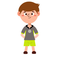 Sporty Young Boy in a Gray and Green Soccer (Football) Uniform Standing with Hands Behind Back, Cartoon Vector.