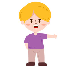 Cheerful Young Boy with Blonde Hair Waving and Smiling with a Welcoming Gesture in a Cute Cartoon Style.