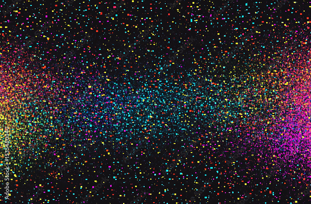 Poster black background with colorful digital static, horizontal lines of noise that resemble the effect se