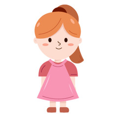 Charming Little Girl with Hair in a Ponytail Standing Happily in a Pink Dress, Simple and Cute Cartoon Vector.
