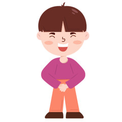 Happy Little Boy with Brown Hair and Rosy Cheeks, Smiling and Holding Hands Together in a Cheerful Pose.