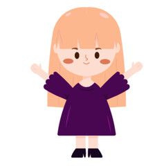 Cute Girl with Long Blonde Hair and Arms Outstretched in a Welcoming Embrace Gesture, Dressed in a Purple Dress, Cartoon Vector.