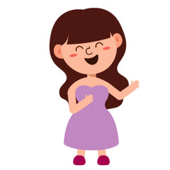 Cheerful Woman with Long Brown Hair Waving and Laughing Happily in an Elegant Strapless Purple Dress, Cartoon Vector.