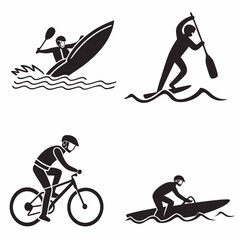 Black vector icons of summer activities: swimming, surfing, biking, kayaking – bold and simple silhouettes, 
