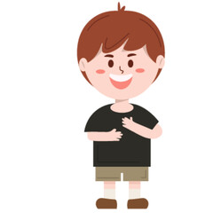 Happy Little Boy with Brown Hair Smiling Broadly and Expressing Joy with Hands Over His Chest, Cartoon Vector.