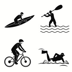Black vector icons of summer activities: swimming, surfing, biking, kayaking – bold and simple silhouettes, 