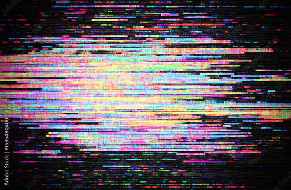 Poster black background with colorful digital static, horizontal lines of noise that resemble the effect se
