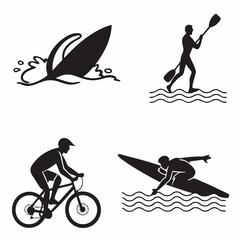 Black vector icons of summer activities: swimming, surfing, biking, kayaking – bold and simple silhouettes, 