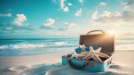 Open suitcase filled with seashells and sunglasses on a sandy beach.
