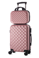 Modern Pink Travel Suitcase with Textured Design, isolated  on White Background