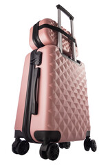 Modern Pink Travel Suitcase with Textured Design, isolated  on White Background