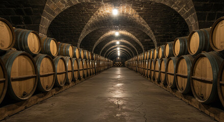 Vintage wooden barrels of wine, cognac, or craft beer stored in winery cellar, aged oak barrels in perspective