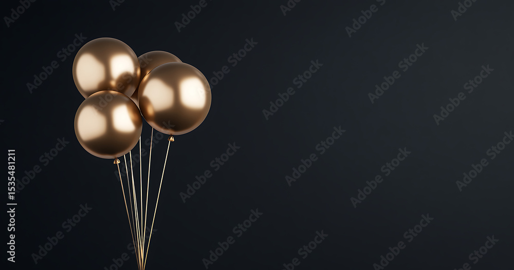 Poster black background with golden balloons on the left side of the image, minimalist composition, ample s