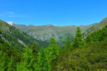 View of a valley in High Tauern mountains with Radst&auml;dter Tauern in the background in Central eastern alps, Austria