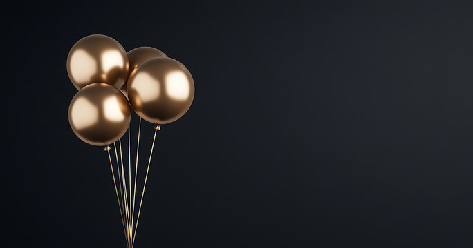 Black background with golden balloons on the left side of the image, minimalist composition, ample space for text in the center, photorealistic rendering.