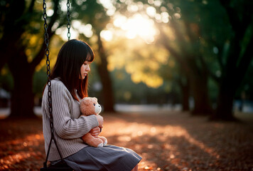 誰にも相談できずに孤立して家出をした少女。行き場がなく、公園のブランコに座っている
