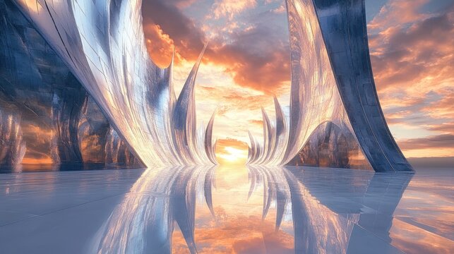 Futuristic architecture reflecting the sunrise with captivating liquid reflections - Powered by Adobe