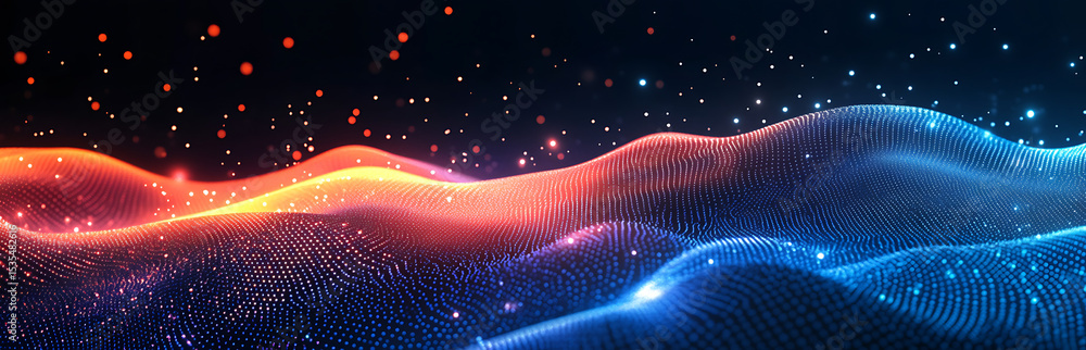 Poster black background with white dots in a wave pattern. abstract digital gradient landscape for design, 