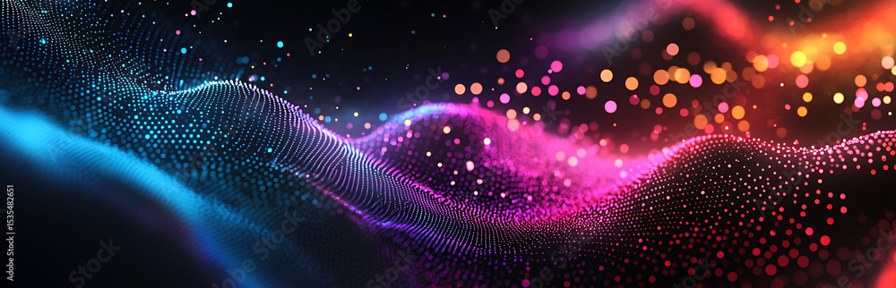 Poster black background with white dots in a wave pattern. abstract digital gradient landscape for design, 