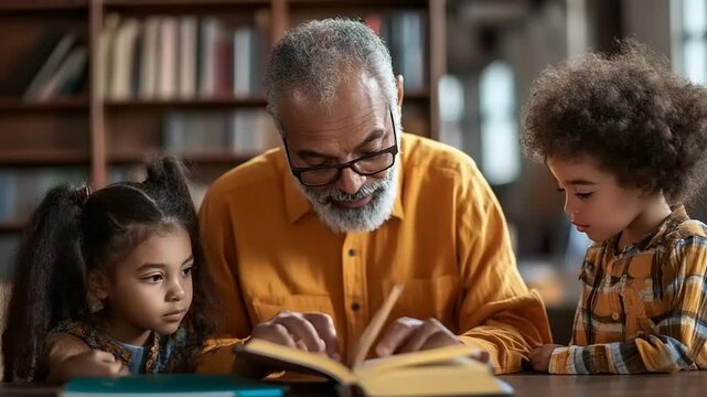 Grandfather reading a book to two children in a cozy library filled with books and warm lighting