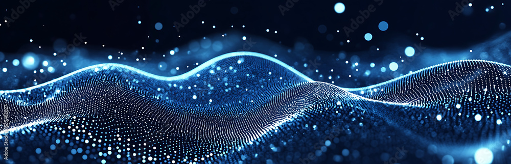 Poster black background with white dots in a wave shape, a futuristic digital design element for technology