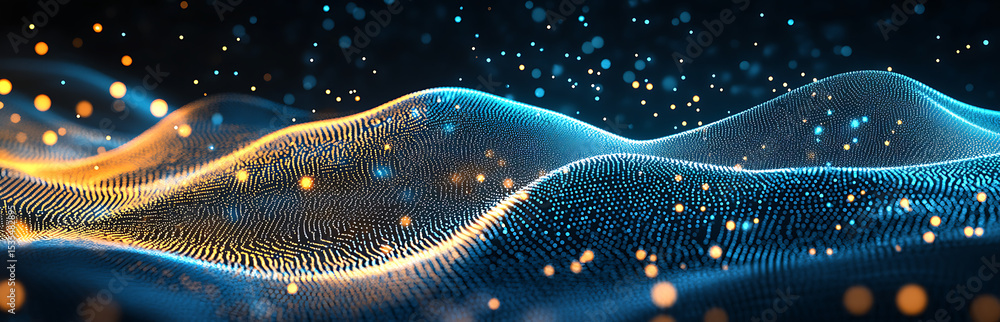Poster black background with white dots in a wave shape, a futuristic digital design element for technology