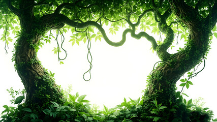 Obraz premium Forest tree trunks with climbing vines twisted liana plant and green leaves isolated on white background, 