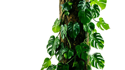 Fiddle leaf philodendron the tropical plant and jungle liana green leaves vines climbing on rainforest tree trunk isolated on white background,