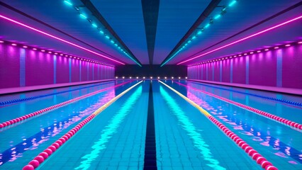 Vibrant swimming pool illuminated with colorful lights at night in an indoor facility