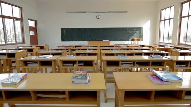 Sunlit Classroom with Wooden Desks and Chalkboard in Front View
