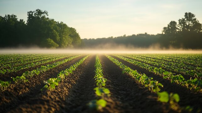 Rows of young green plants are growing in a field