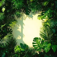 square background with frame of green tropical leaves of palm and monstera.