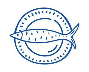 Hand drawn dish fish. Mediterranean seafood. Doodle summer element for italian menu, wedding, print, invitation. Ink sketch design of Amalfi beach Italy. Flat minimal vector illustration.