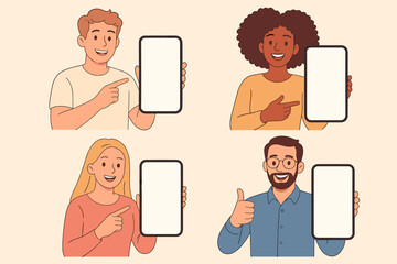Set of diverse happy people holding smartphones with blank screens. Men and women pointing at mobile phone display for app or website promotion. Vector illustration mockup.